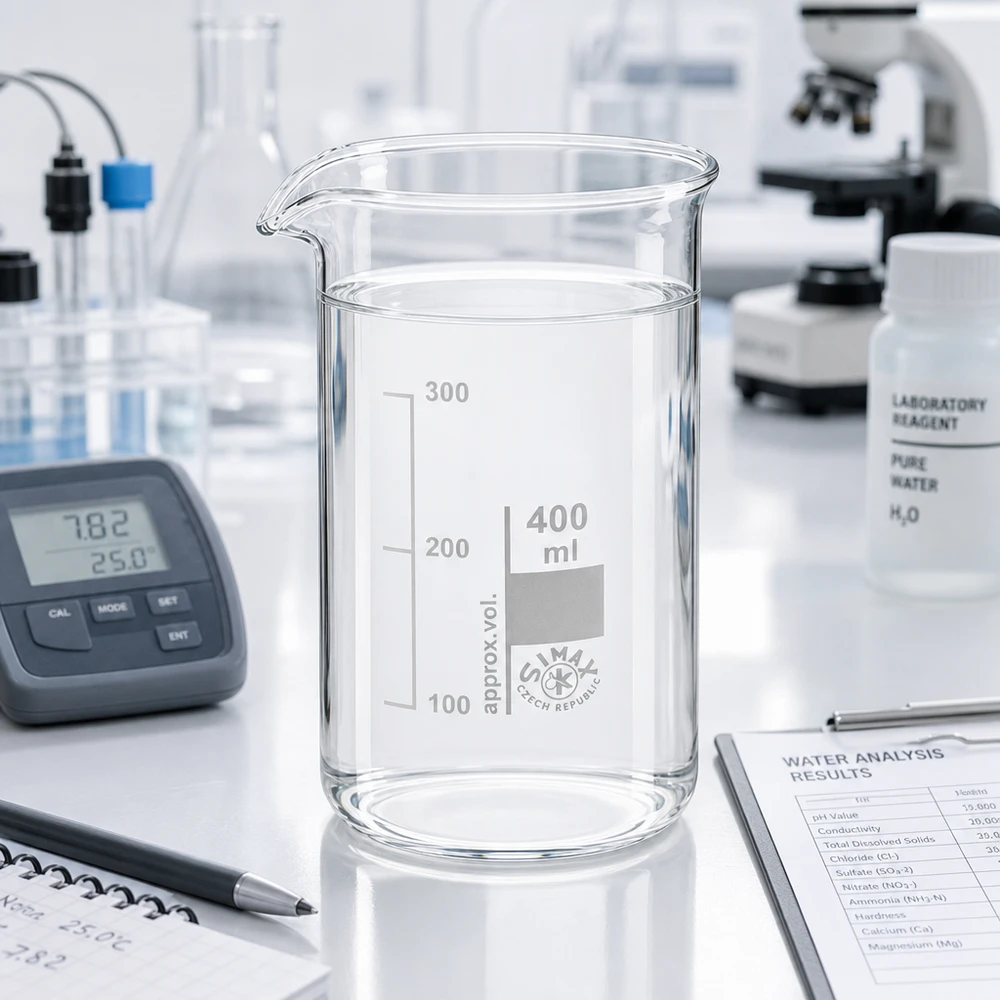 Läpinäkyvä 400 ml:n korkea mittalasi, jossa on puhdasta vettä ja pH-mittari laboratoriossa