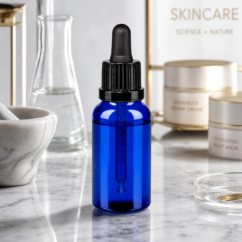 20ml pipettipullo musta tamper-evident-korkki BlueLine UT18/20 20ml pipettipullo mustalla tiputtimella - tyylikäs muotoilu ihonhoito- ja kauneudenhoitotuotteille.
