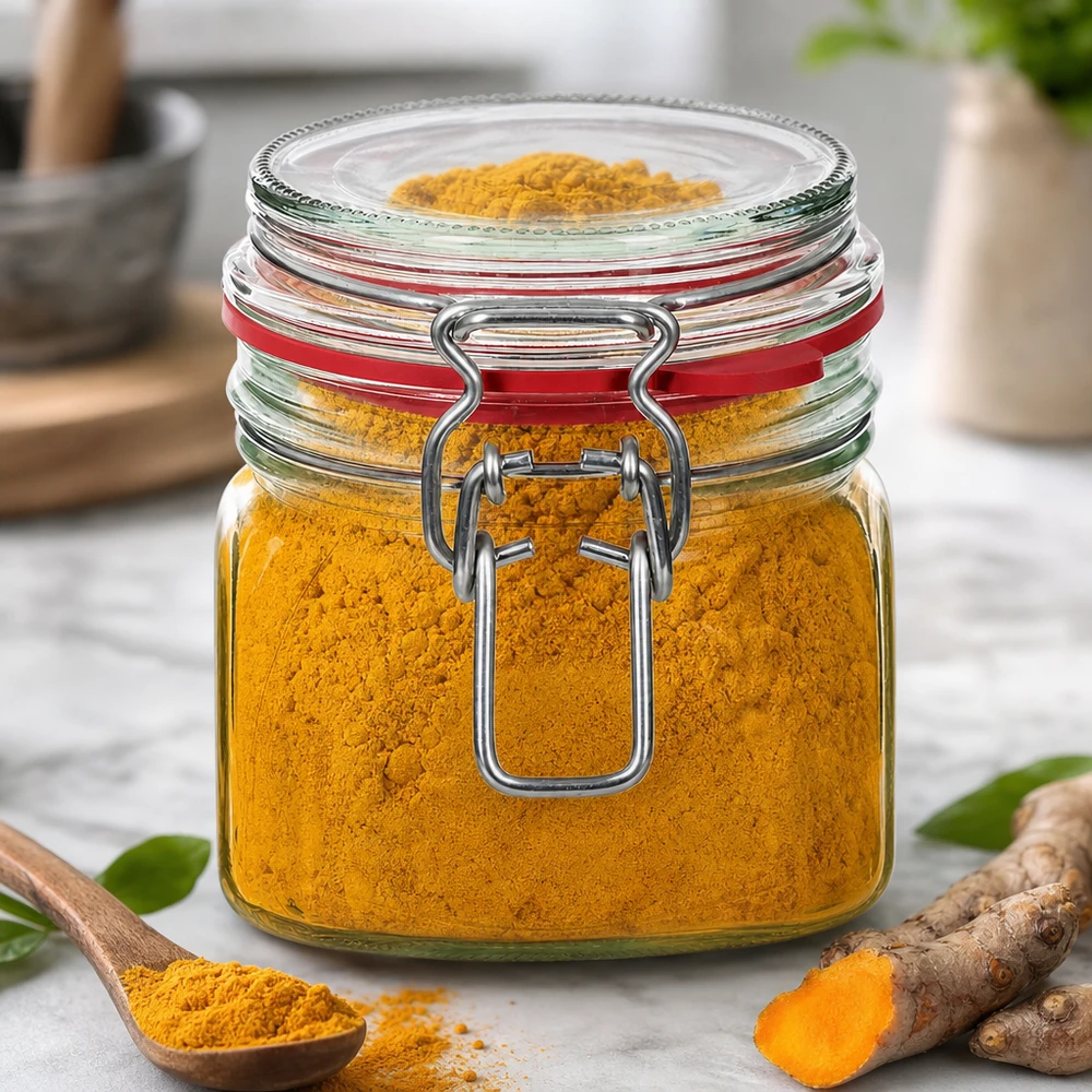 370 ml:n säilykepurkki, jossa on kääntyvä korkki, sopii täydellisesti mausteille, kuten kurkumalle ja currylle.