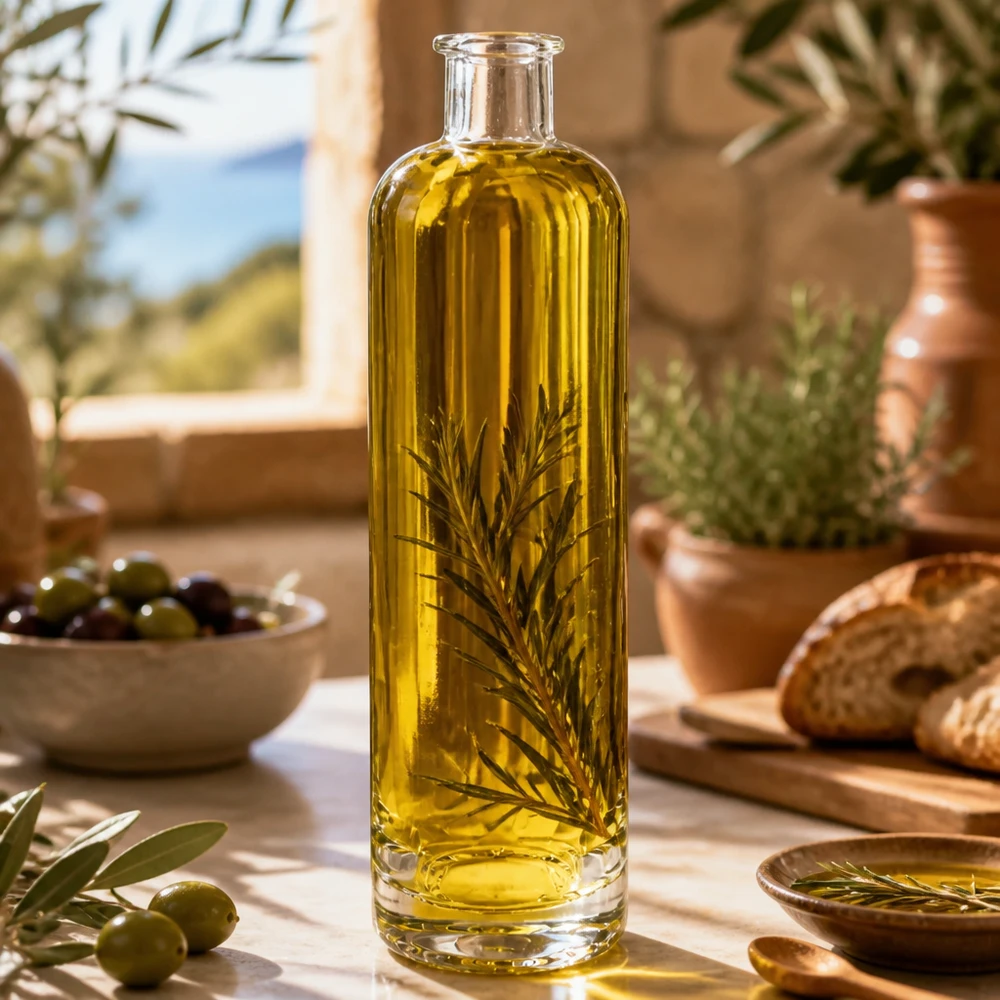 500ml Glasflasche Ella mit Olivenöl und Rosmarin gefüllt in mediterraner Küche stylisches Infusion-Beispiel