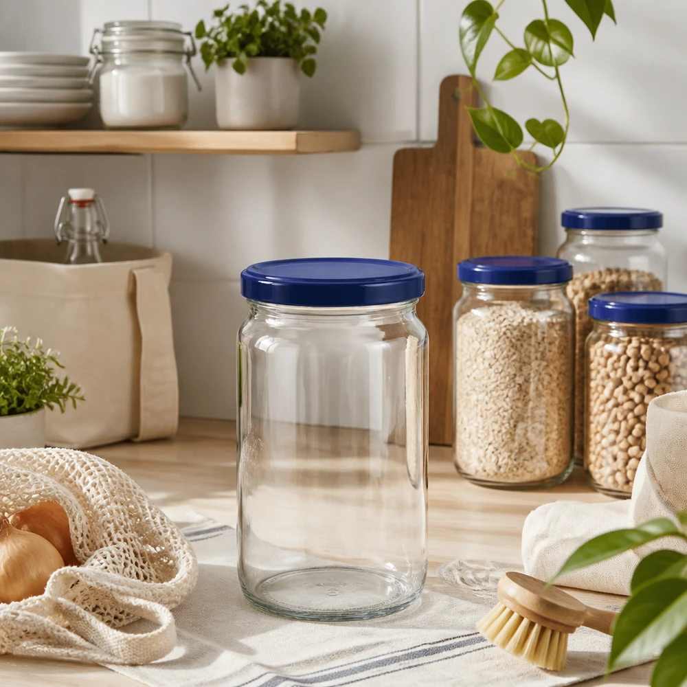 795ml pyöreä purkki + BasicSeal-kansi sininen UNiTWIST Tyhjä 795ml pyöreä purkki sinisellä UNiTWIST-kannella kestävässä keittiössä, jossa on säilytyspurkkeja ja puuelementtejä.