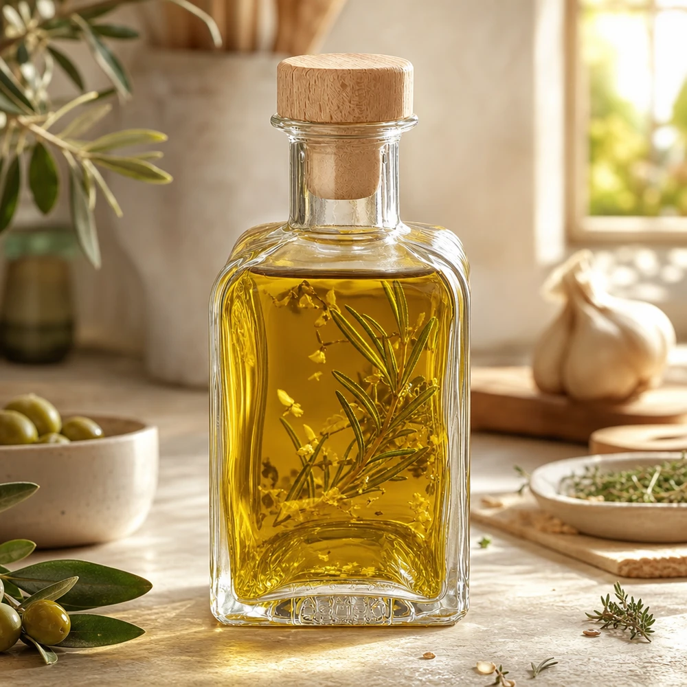 200ml Glasflasche "Clara" mit Holzgriff-Korken UNiTWIST 200ml lasipullo Clara täynnä yrttiöljyä rosmariini oksa puinen korkki keittiön sisustus välimerellinen mauste öljyjä