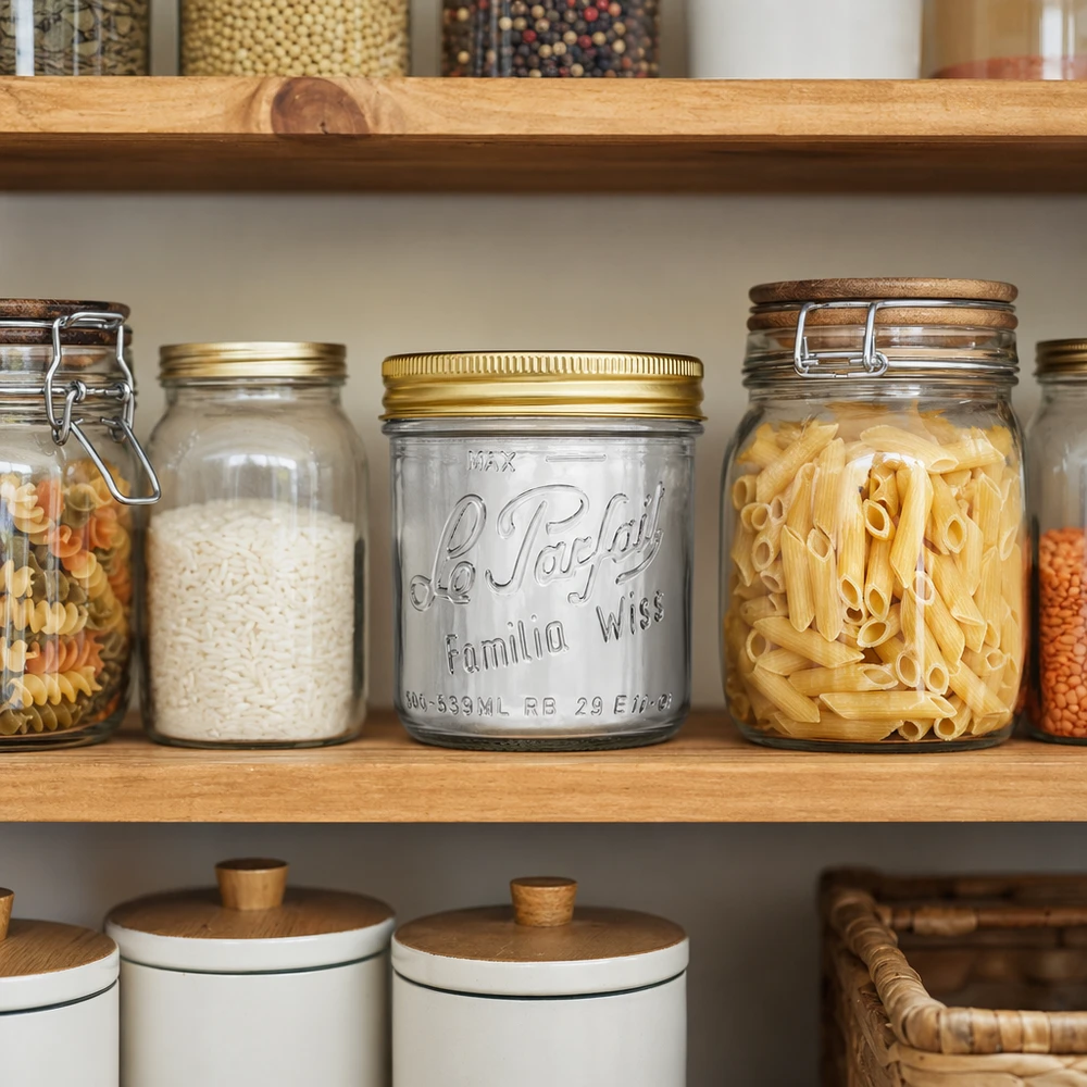 539ml Sturzglas "Familia Wiss" 2-teiliges Deckelsystem Le Pa Familia Wiss 539ml kullanväriset juomapullot järjestäytyneessä ruokakomerossa pasta- ja riisipurkkien välissä.