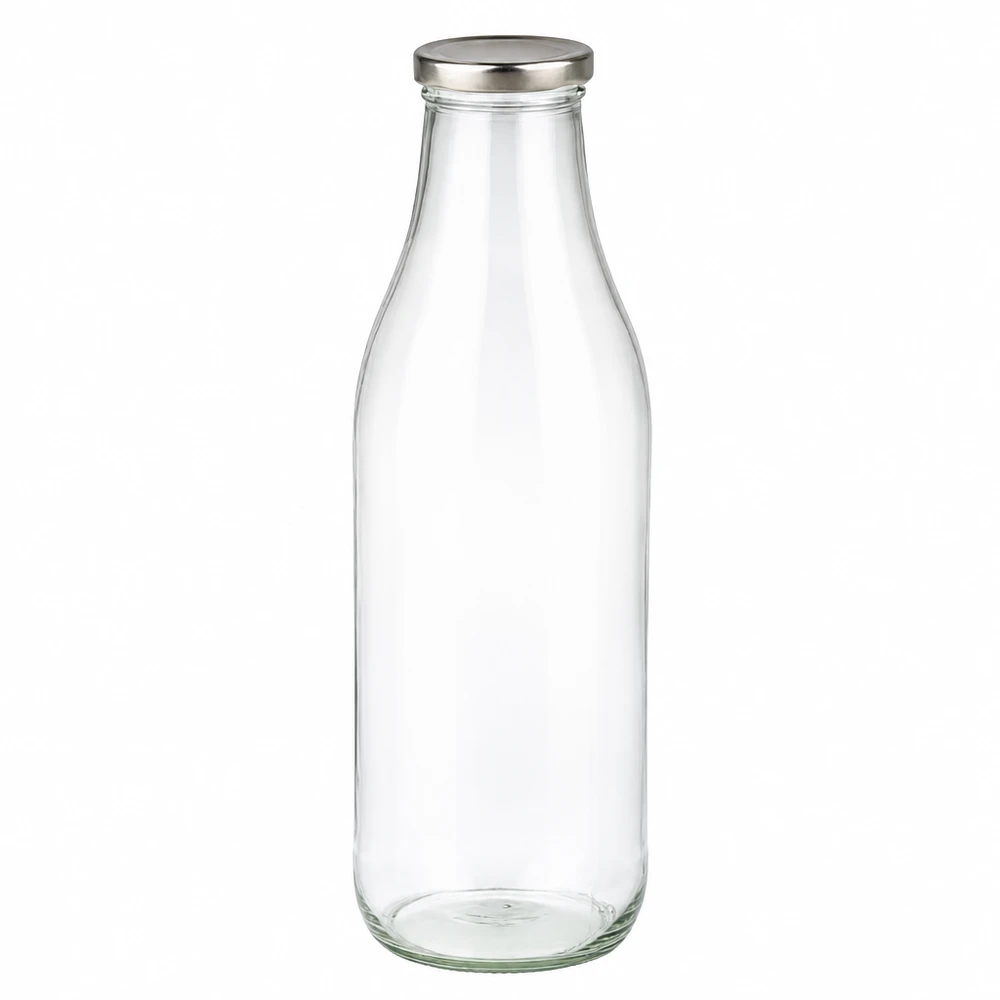 1000ml lasipullo hopeisella BasicSeal-kannella tyhjä ja läpinäkyvä juomiin ja säilytykseen.
