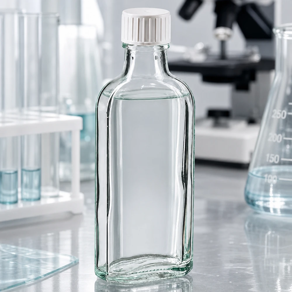 Litteä 100 ml:n lasipullo, Meplat-muotoinen, valkoisella kierrekorkilla ja kaatorenkaalla, laboratoriokäyttöön