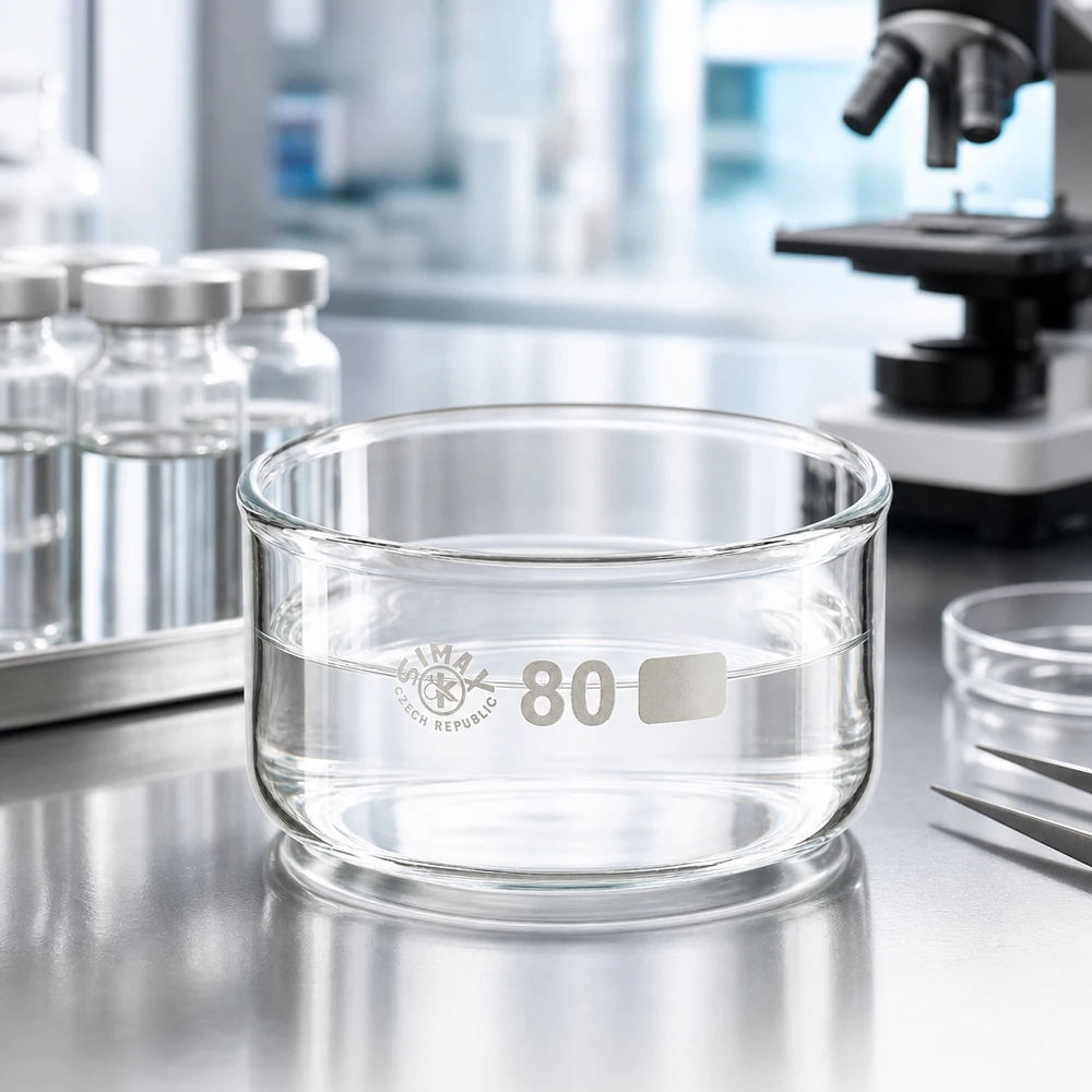 SIMAX-kiteytysastia 150 ml modernissa laboratoriossa mikroskoopin ja ø80 mm:n lasipullojen vieressä