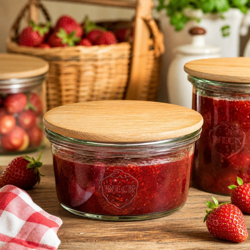 WECK minipurkki 50ml täynnä mansikkahilloa ja bambukansi maalaismaisessa keittiössä tuoreiden mansikoiden kanssa