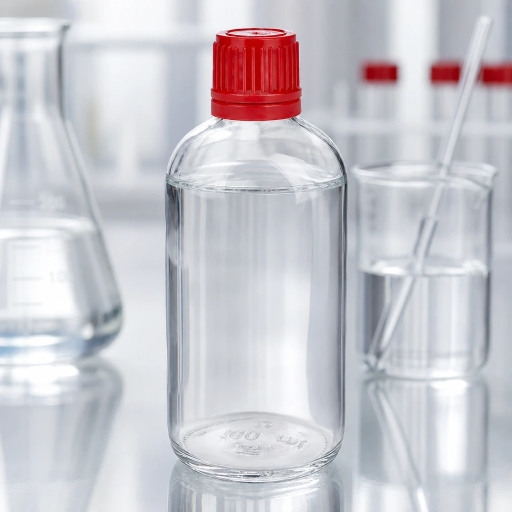 ClearLine-sarjan sylinterimäinen 100 ml:n laboratoriopullo, jossa on punainen turvakorkki, laboratoriokäytössä