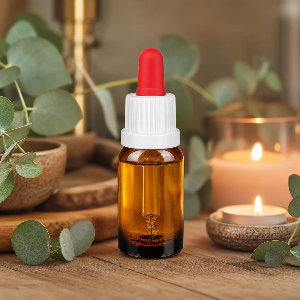 Pieni 10 ml:n pipettipullo meripihkalasista, jossa on käytännöllinen tippakorkki kosmetiikkaa varten.