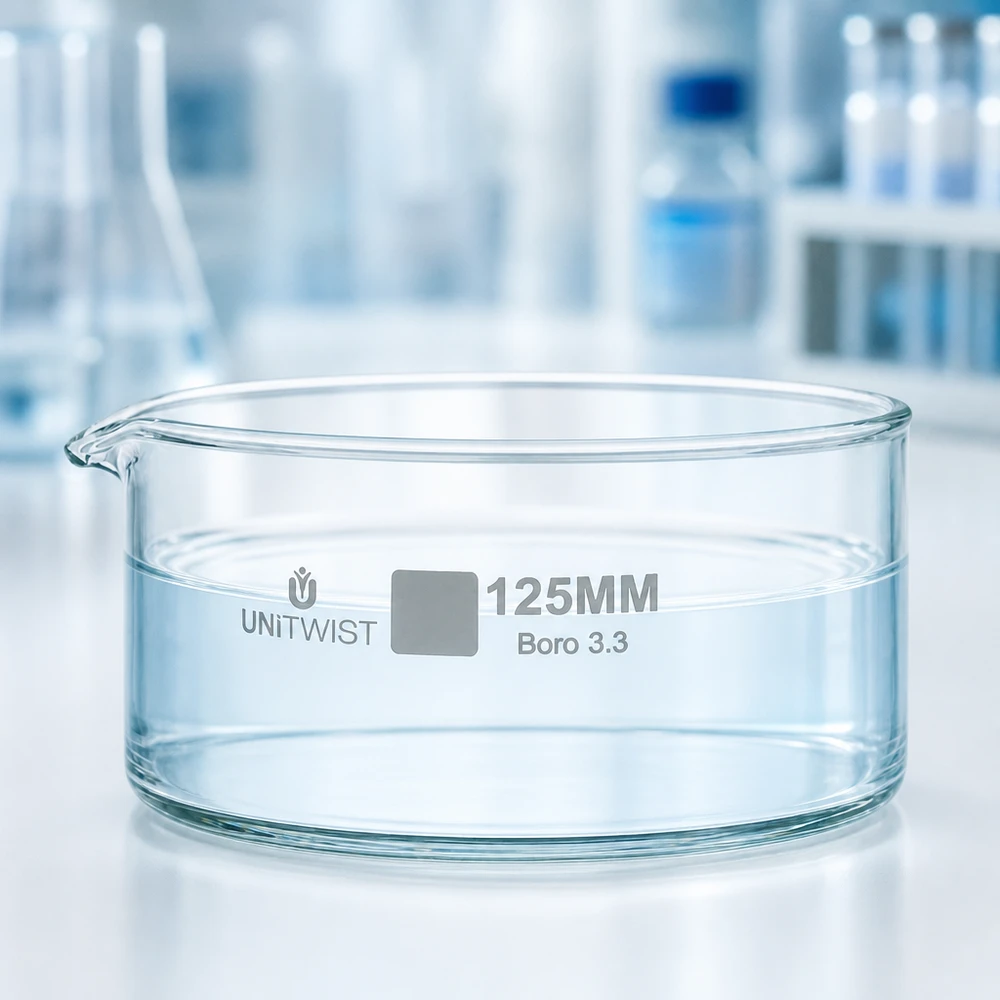 Kiteytysastia ø125mm borosilikaattilasi UNiTWIST UNiTWIST Tyhjä kiteytysastia 125 mm UNiTWIST borosilikaattilasi Boro 3.3, litteä malli, laboratorioteline