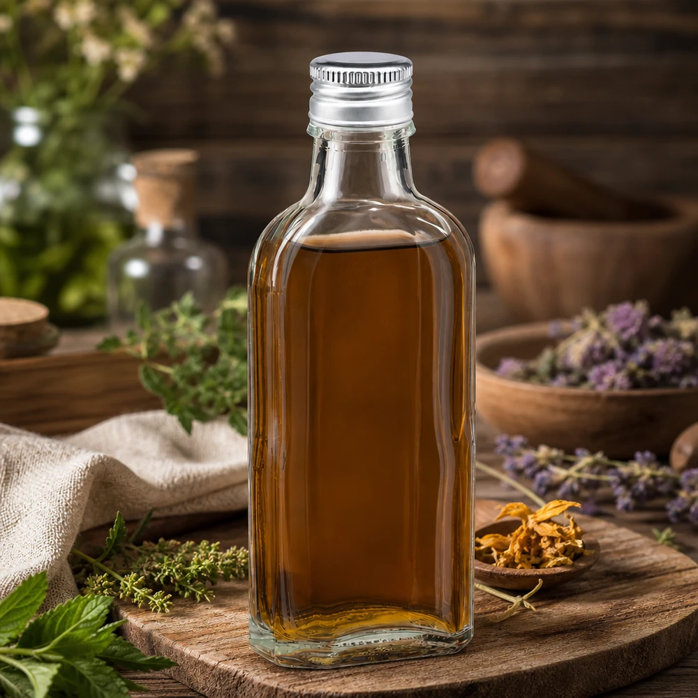 Pieni, 100 ml:n Meplat-lasipullo, kirkas, hopeisella alumiinikorkilla (PP22), luonnontuotteille