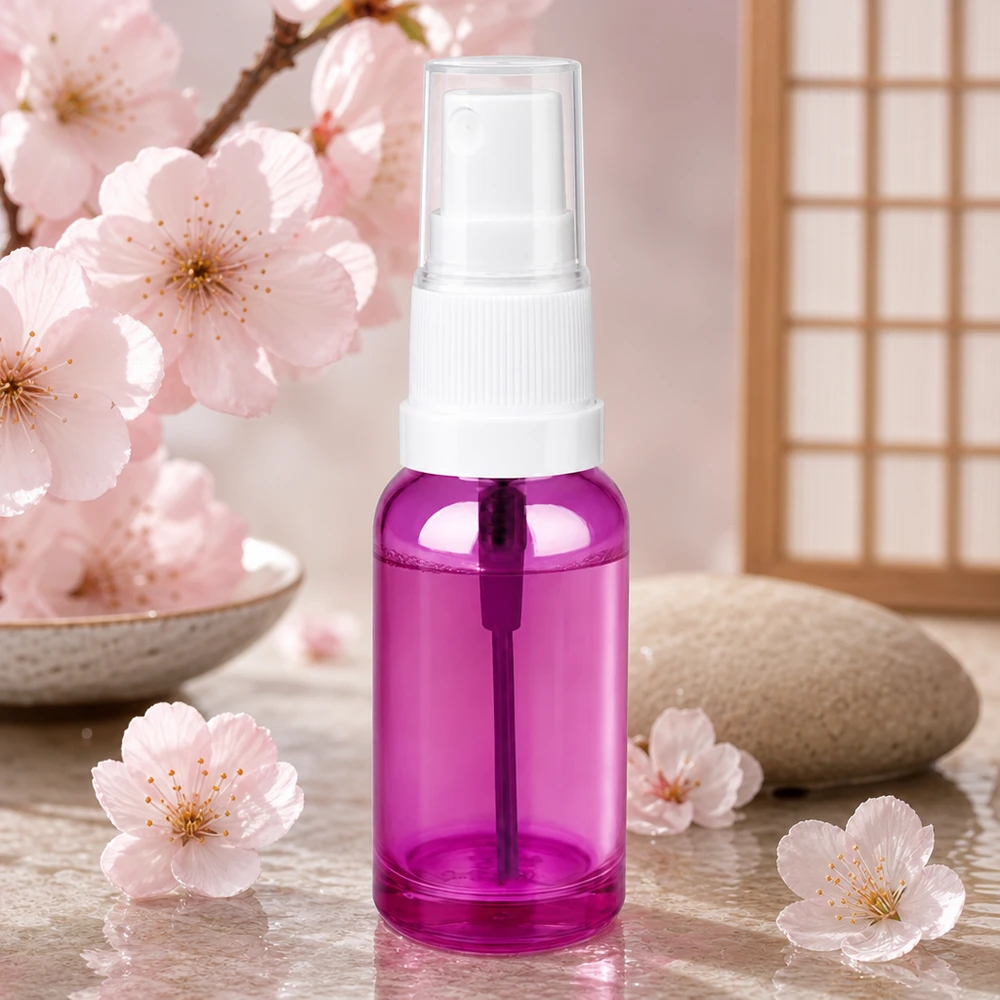 20ml suihkepullo, jossa on valkoinen muovinen sumutin, joka on elegantti violetti ja sopii päivittäiseen käyttöön.
