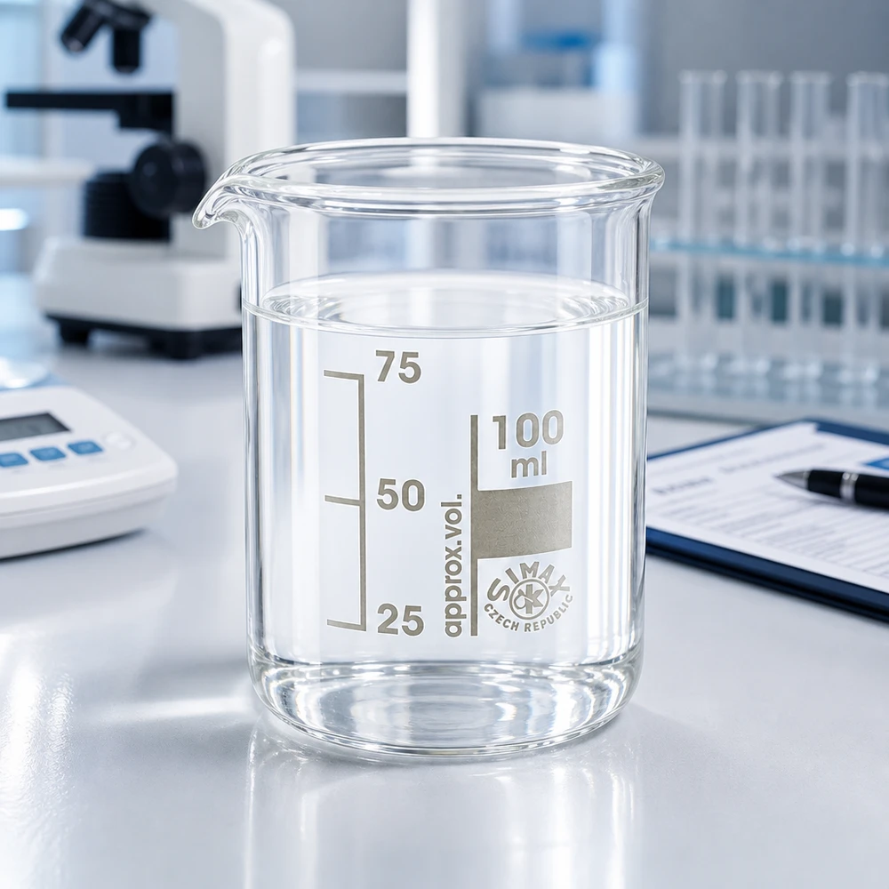 Läpinäkyvä 100 ml:n dekantterilasi, jossa on tarkka tilavuusasteikko laboratoriosovelluksiin.