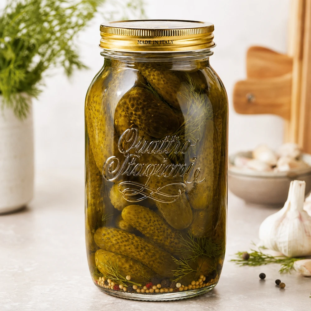 1500ml pyöreä purkki "Quattro Stagioni", jossa on kansi. Quattro Stagioni 1500ml Einmachglas gefüllt mit eingelegten Gurken und Dill zeigt praktische Verwendung als Konservengla