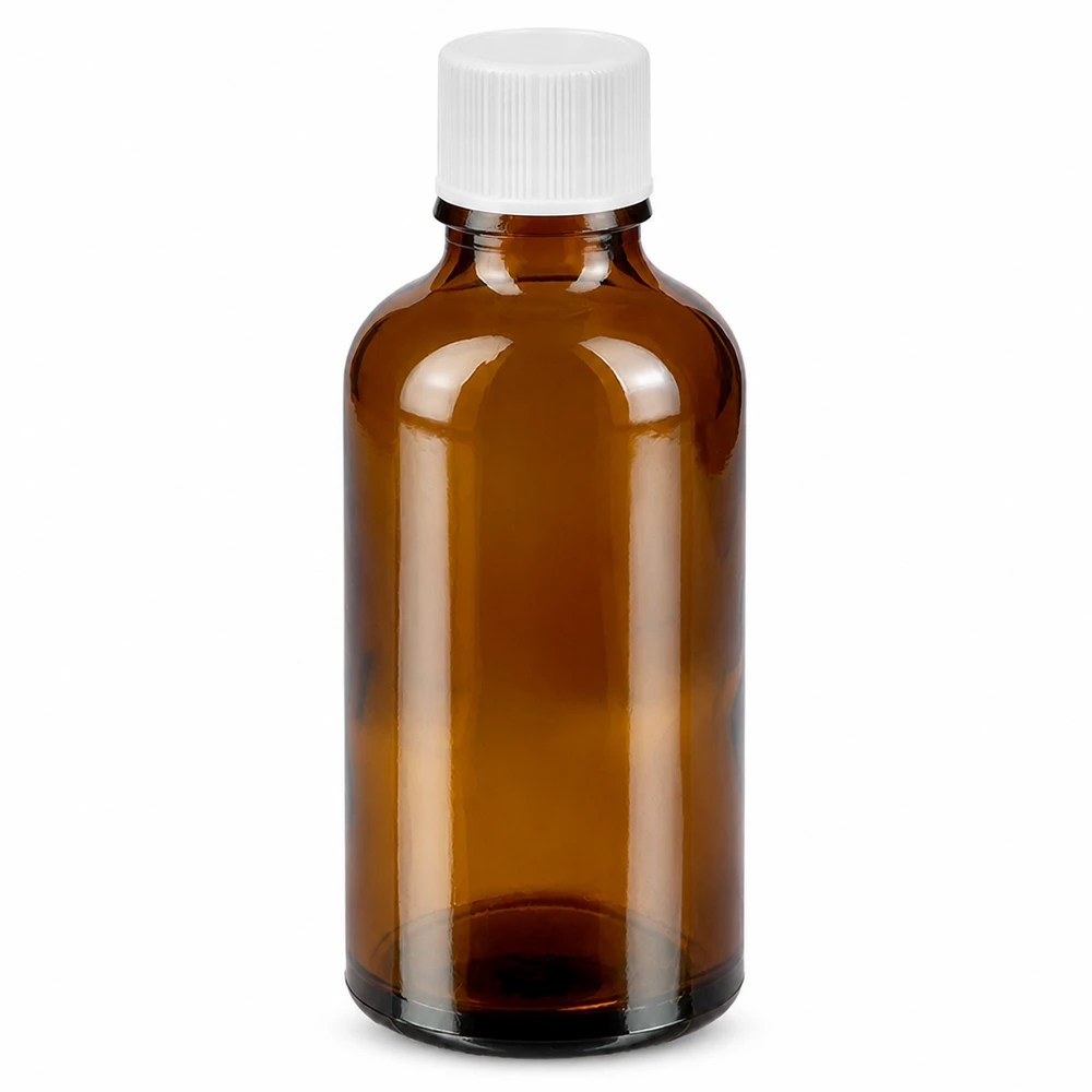 50ml ruskea lasipullo valkoisella kierrekorkilla lääkkeille ja eteerisille öljyille.