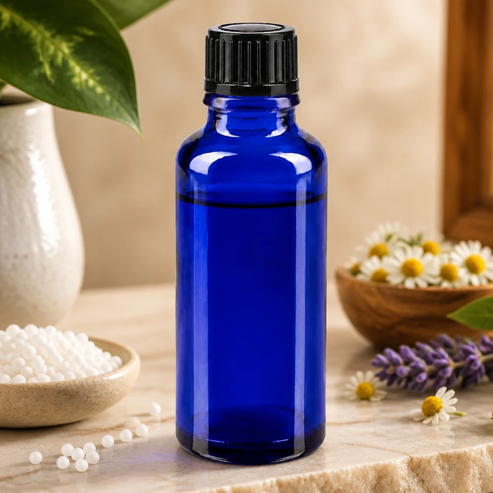 Apteekkipullo sininen 30ml tippapullon korkki 1mm musta standardi Pieni 30 ml:n pullo koboltinsinisestä apteekkilasista, jossa on lapsiturvallinen musta korkki