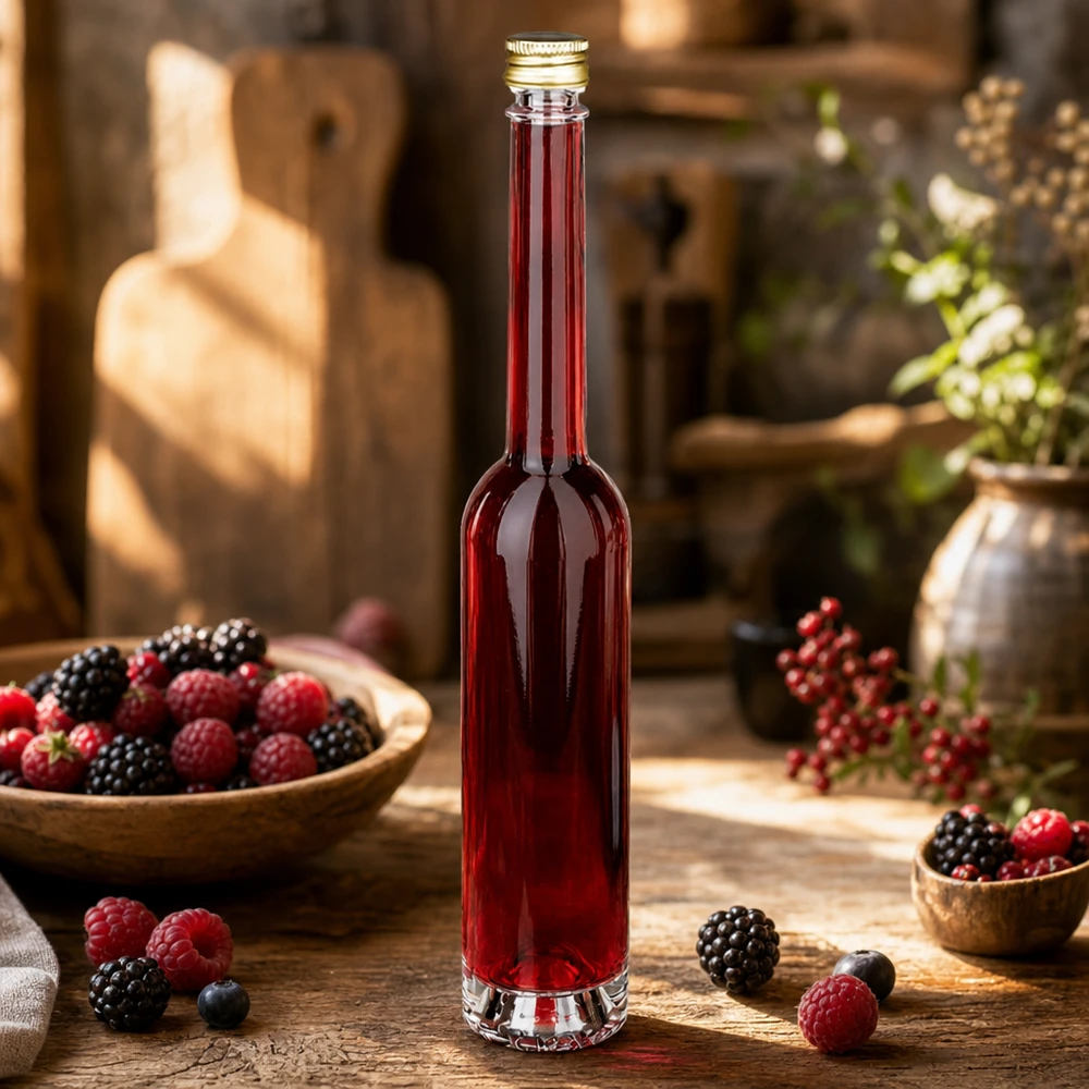 100ml Glasflasche "Toni" mit Schraubverschluss gold UNiTWIST 100ml Toni-lasipullo täynnä marjalikööriä - UNiTWIST kultakorkki maalaismaisessa keittiössä, jossa on tuoreita marjoja