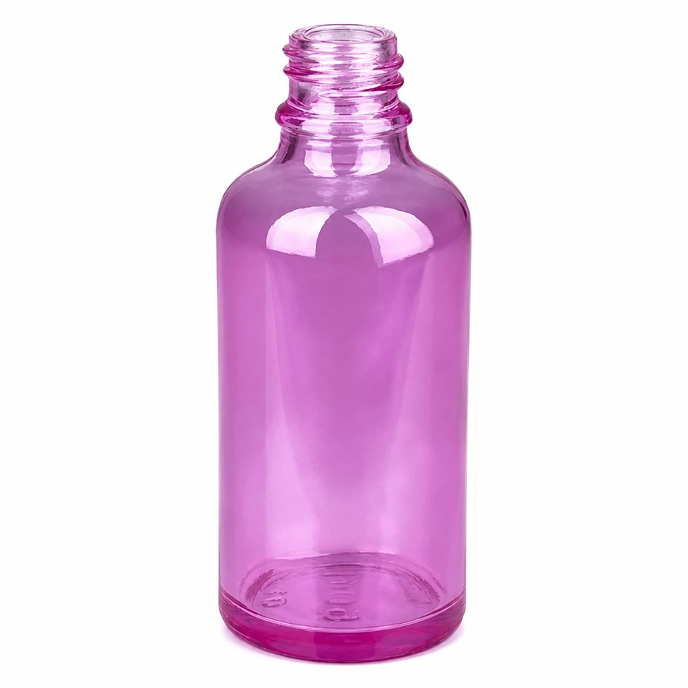 50ml nenäsumutinpullo valkoinen/läpinäkyvä vakio PurpleLine. UT18/50 Violetti 50ml lasipullo nenäsumutetta varten ruuvikierteellä - lääketieteellinen pakkaus violetissa värissä.