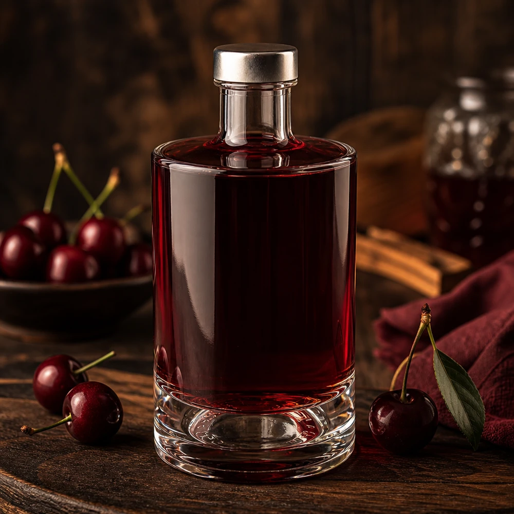 375 ml Sam-lasipullo, jossa kirsikanpunainen täyte ja hopeinen korkki tuoreiden kirsikoiden välissä puupöydällä.
