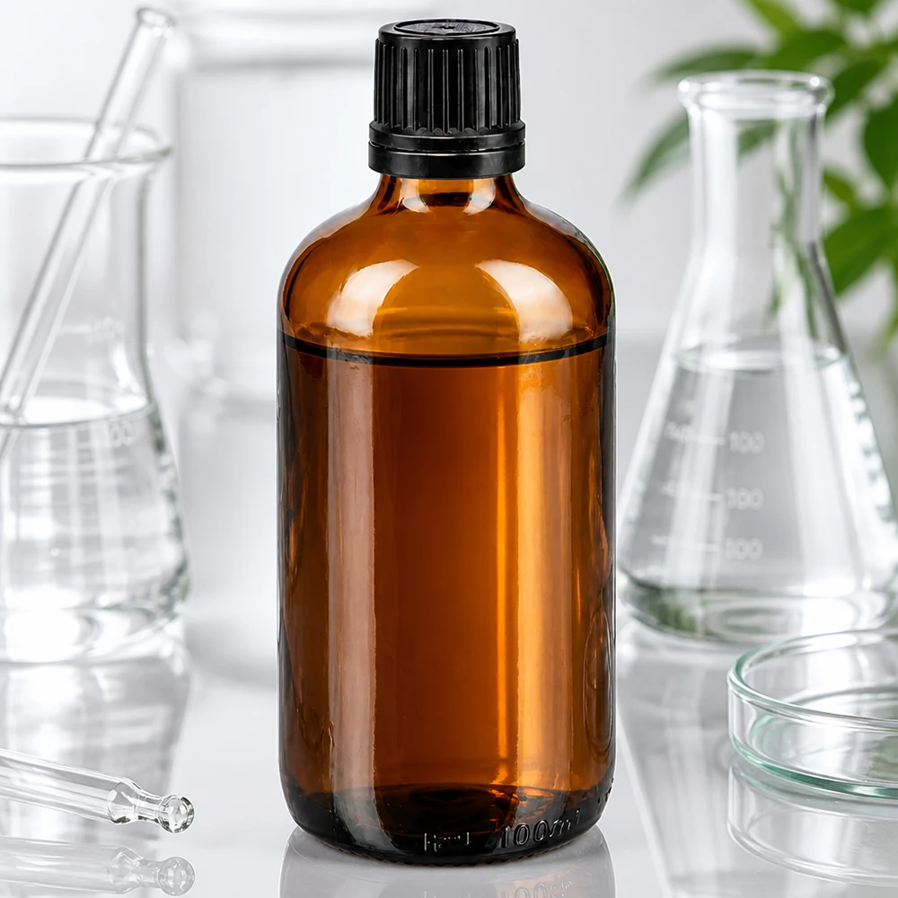 Apteekkipullo ruskea 100ml tippakorkki premium 1mm musta tamper-evident sulkeminen 100 ml:n ruskealasiinen apteekkipullo, jossa on musta kierrekorkki ja 1 mm:n tiputuskärki laboratoriossa