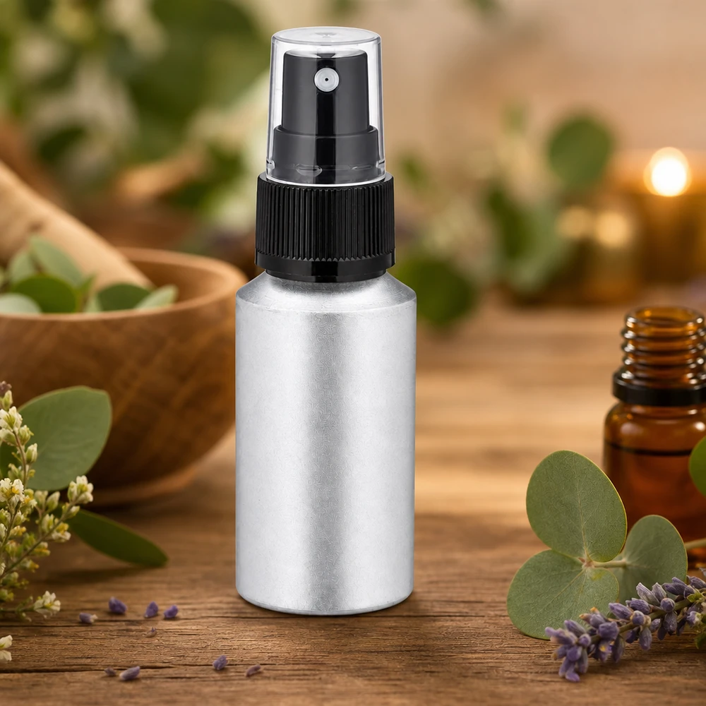 Värjätty 30ml alumiinipullo, jossa on pumppusumutin aromaterapiasovelluksiin