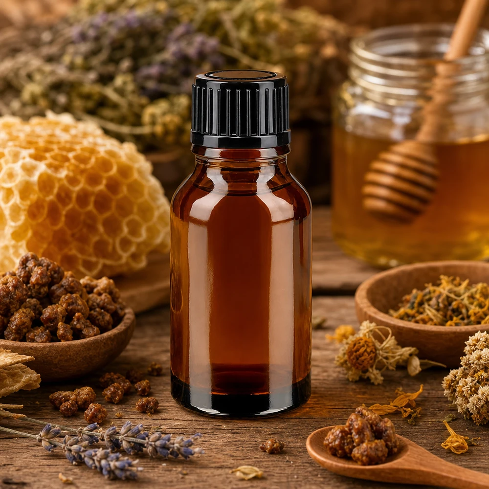 Apteekkipullo ruskea 15ml ruuvikorkki musta standardi Ruskea apteekkipullo, 15 ml, musta kierrekorkki, mehiläispesän hunajan ja lääkekasvien välissä