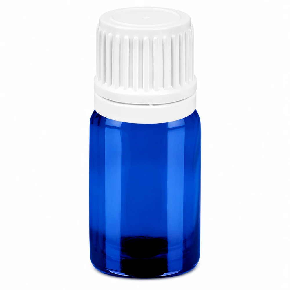 5ml tippapullo sininen valkoisella korkilla nesteiden tarkkaan annosteluun.