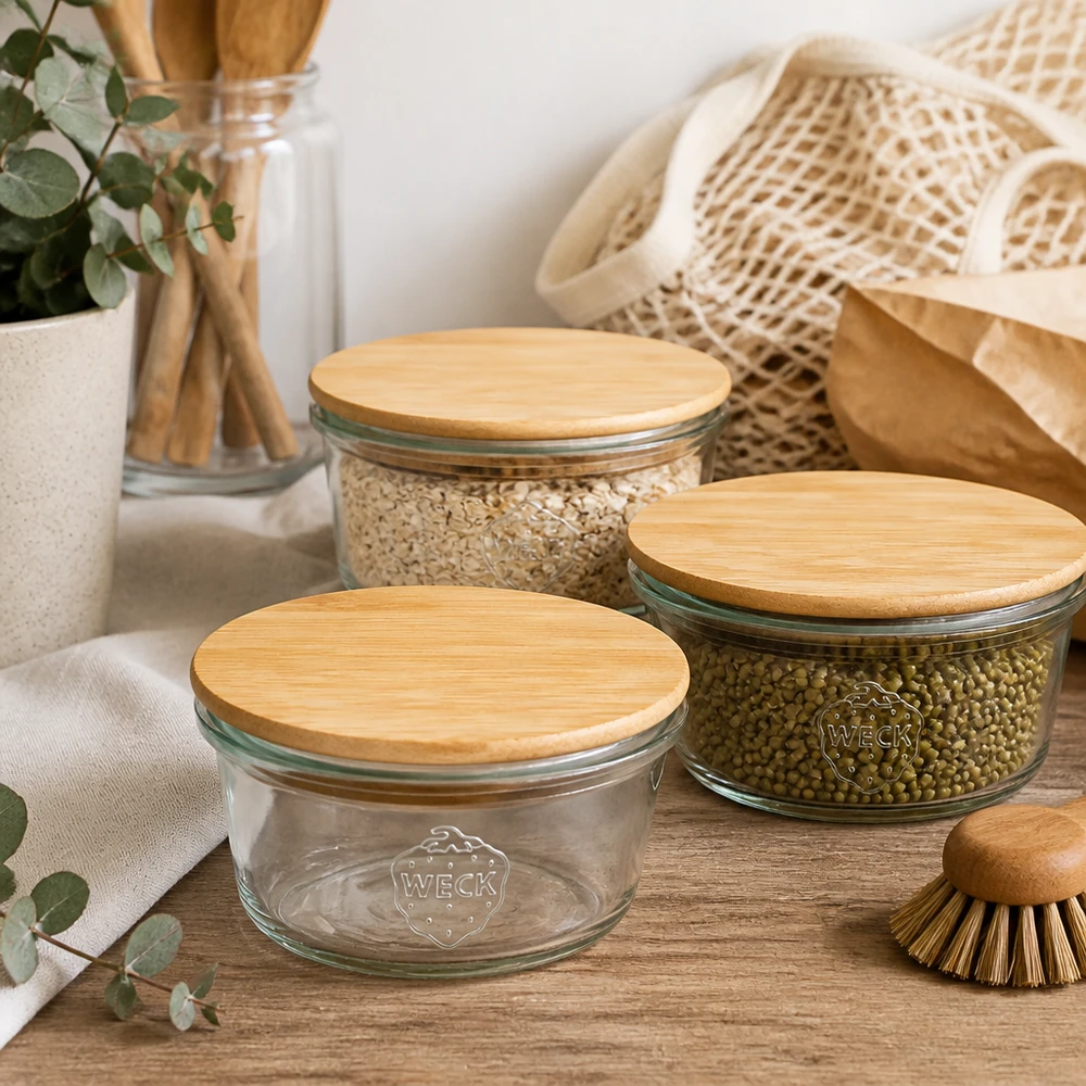 WECK Mini Sturzglas 50ml mit Bambusdeckel in nachhaltiger Zero-Waste Küche mit Mesh-Beutel und Holzutensilien