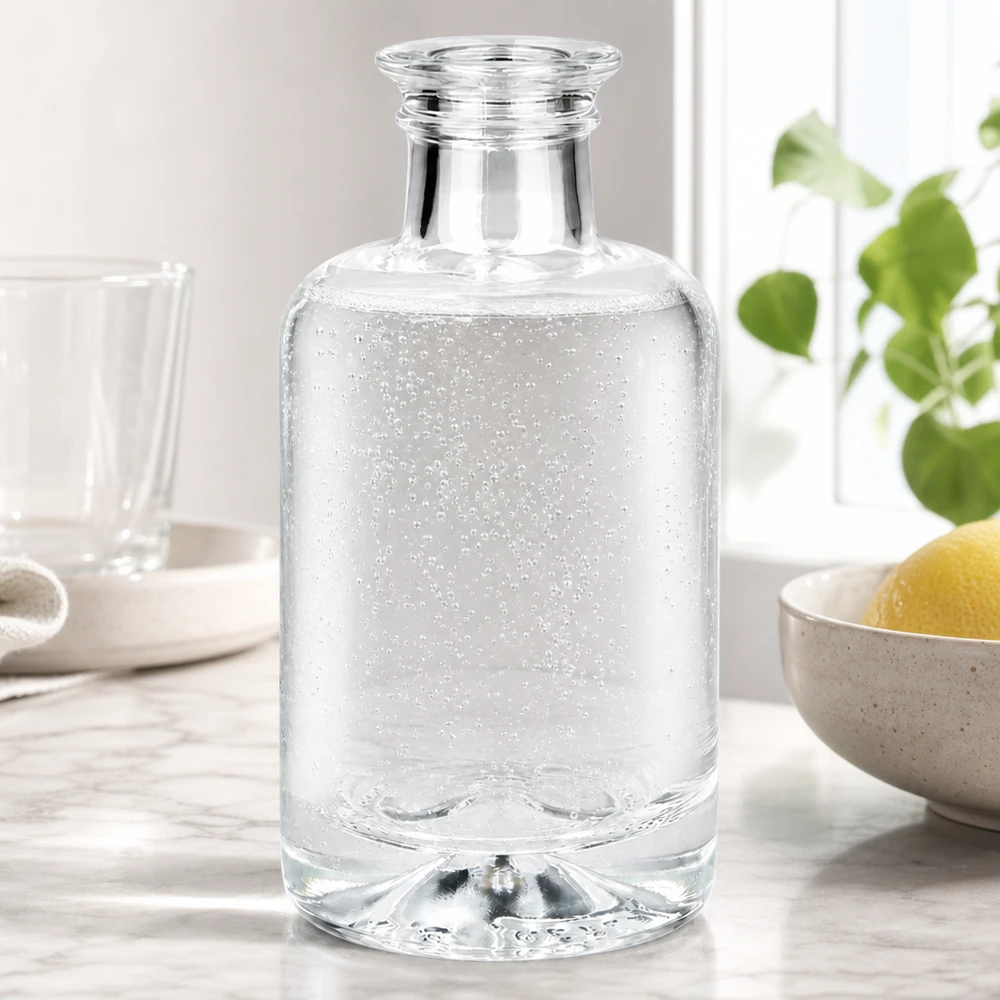 100ml Glasflasche "Sofia" ohne Verschluss UNiTWIST 100ml Sofia-lasipullo täynnä kuohuvaa vettä valkoisella keittiön työtasolla sitruunoiden ja kasvin vieressä.