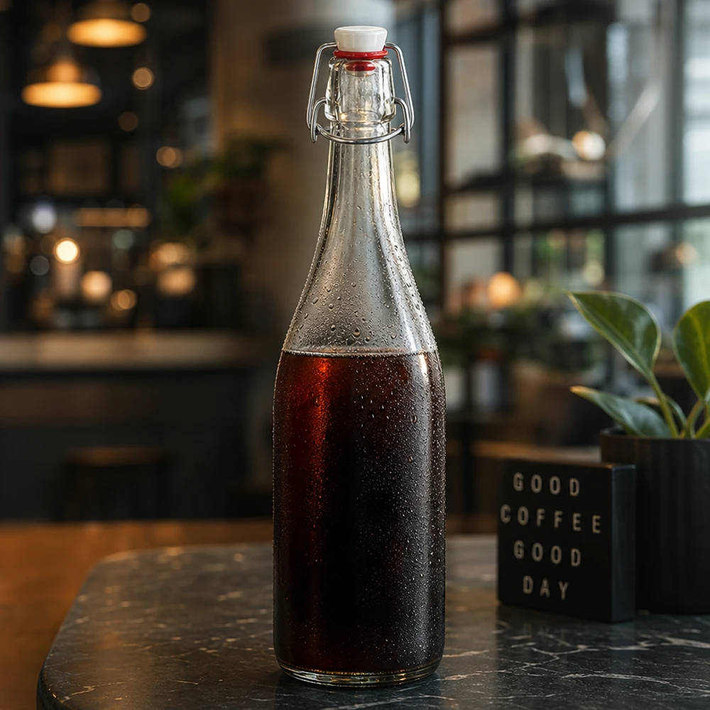750ml lasipullo + kääntökorkki PVC UNiTWIST 750ml lasipullo swing top täynnä cola Café tunnelma kylmä hautua kahvia ympäristön valaistus tyylikäs