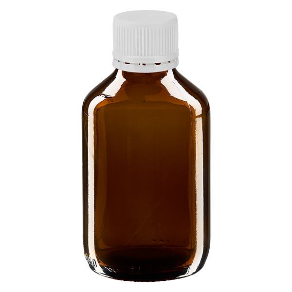 150ml lääkepullo ruskea, valkoinen korkki, jossa on peukalointitunnistusrengas ApoGlas 150ml lääkepullo ruskea, valkoinen korkki, jossa on peukalointitunnistusrengas ApoGlas