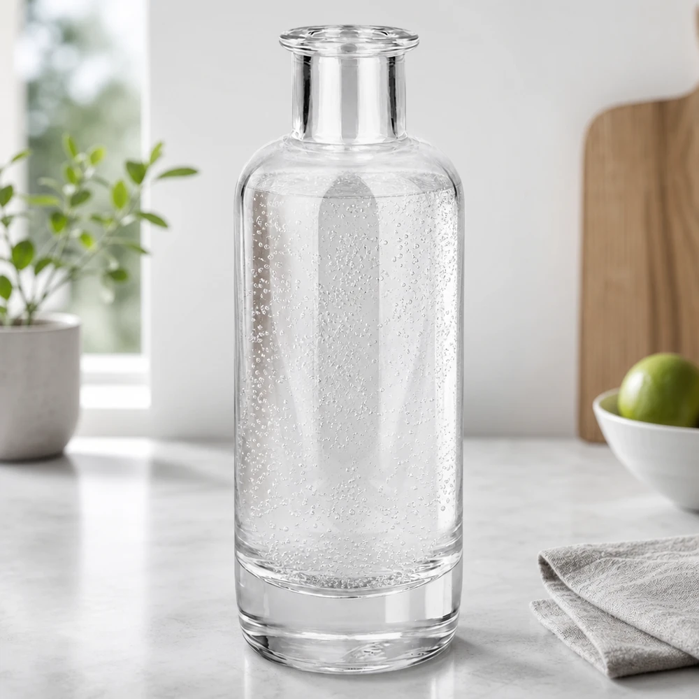 200ml lasipullo Ella täynnä kuohuvaa kivennäisvettä modernissa keittiössä näyttää käyttöä juomille.