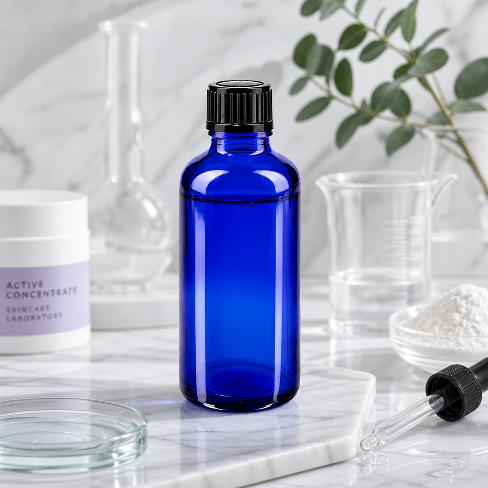 50 ml:n laboratoriopullo koboltinsinisestä apteekkilasista, jossa on musta tippakorkki, ihonhoitolaboratoriossa