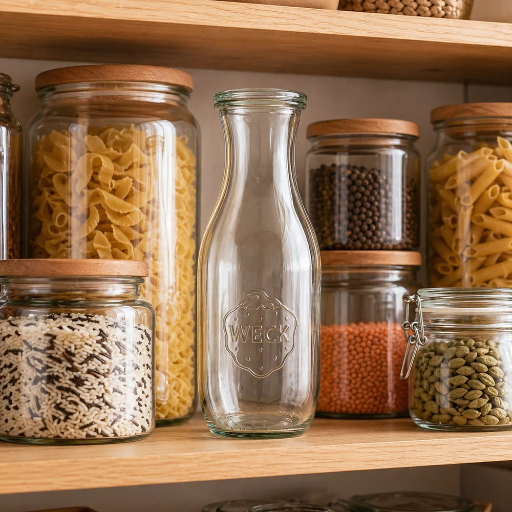 1062 ml:n mehupullo lasikannella, WECK RR60 WECK Saftflasche 1062ml leer in organisierter Vorratsküche zwischen Einmachgläsern mit Nudeln Hülsenfrüchten auf Holzreg