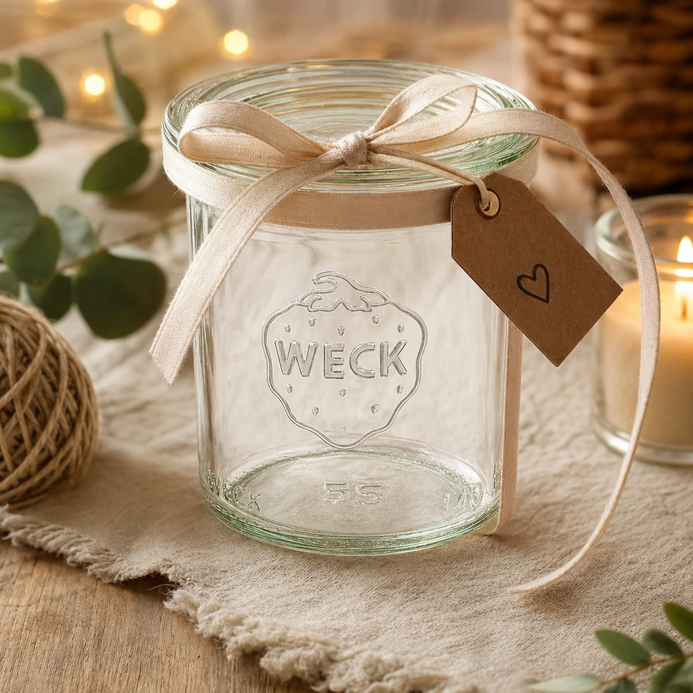 WECK 140 ml:n pyöreä purkki lasikannella RR60 | Huippulaatuinen WECK Sturzglas 140ml RR60 als Geschenk dekoriert mit beiger Schleife und Herzanhänger auf rustikalem Holztisch