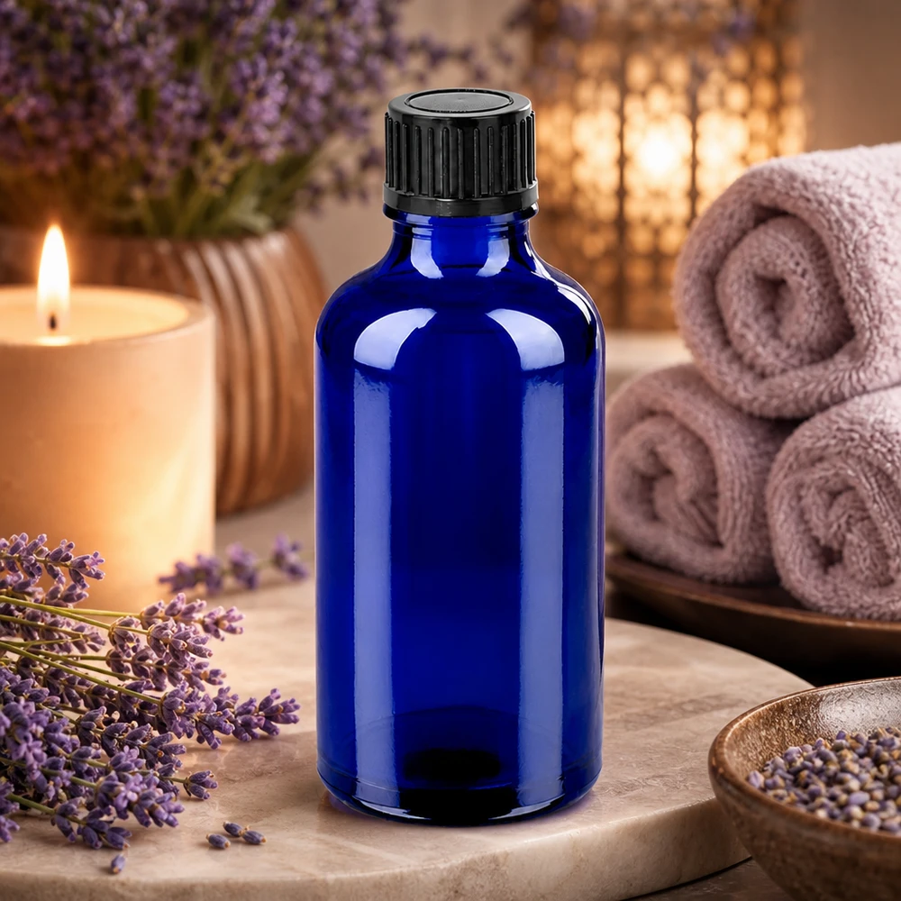 50ml apteekkipullo koboltin sinisellä 11mm standardikorkilla aromaterapiaa varten.