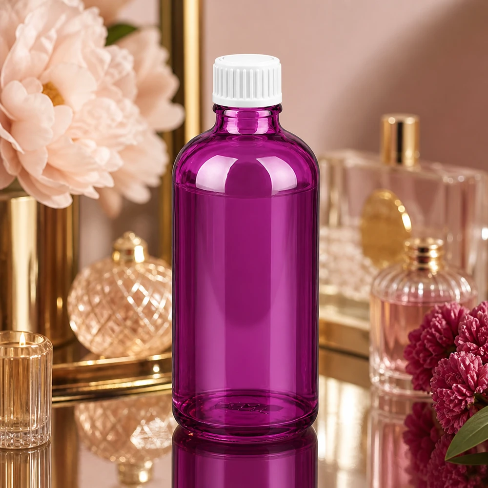 Tyylikäs violetti lasipullo 100ml UT18-kierteellä ylellisille kosmetiikkatuotteille ja seerumeille.