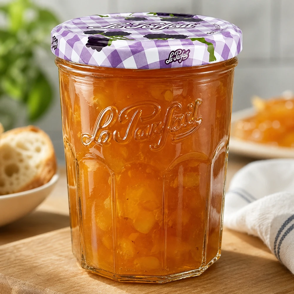 Le Parfait -mukit 385 ml täynnä appelsiinimarmeladia puupöydällä leipä- ja aamiaistarjottimen vieressä.