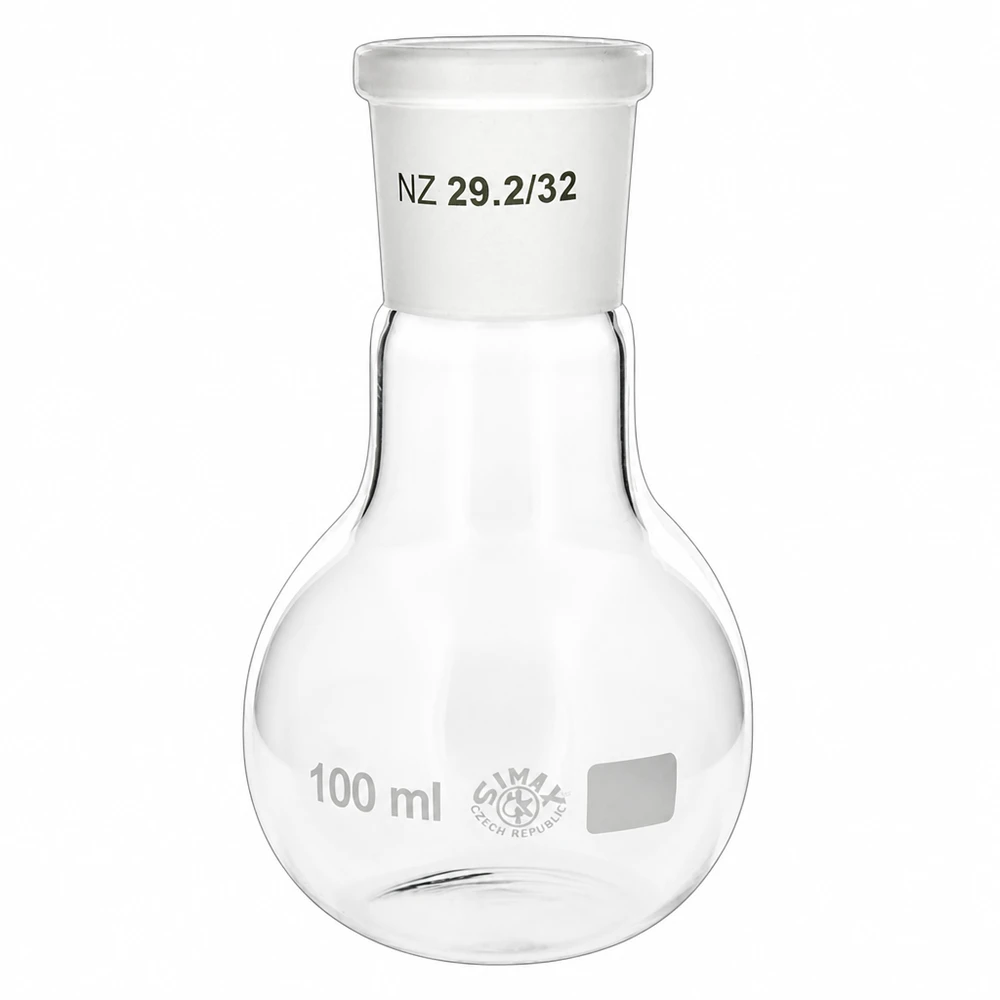 Seisova pullo 100ml, valmistettu borosilikaattilasista, jossa on vakiohiottu liitos NS 29/32 laboratoriosovelluksiin.