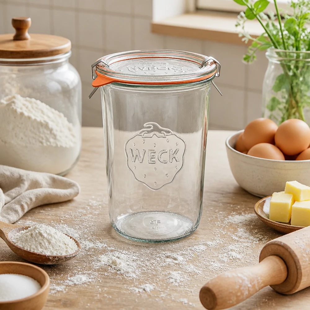 850 ml:n tumppupurkki täydellisenä WECK RR100 WECK tumblers 850ml RR100 luonnollisessa keittiöympäristössä leivonta-aineksilla munat voi ja jauhot keittämiseen alaspäin