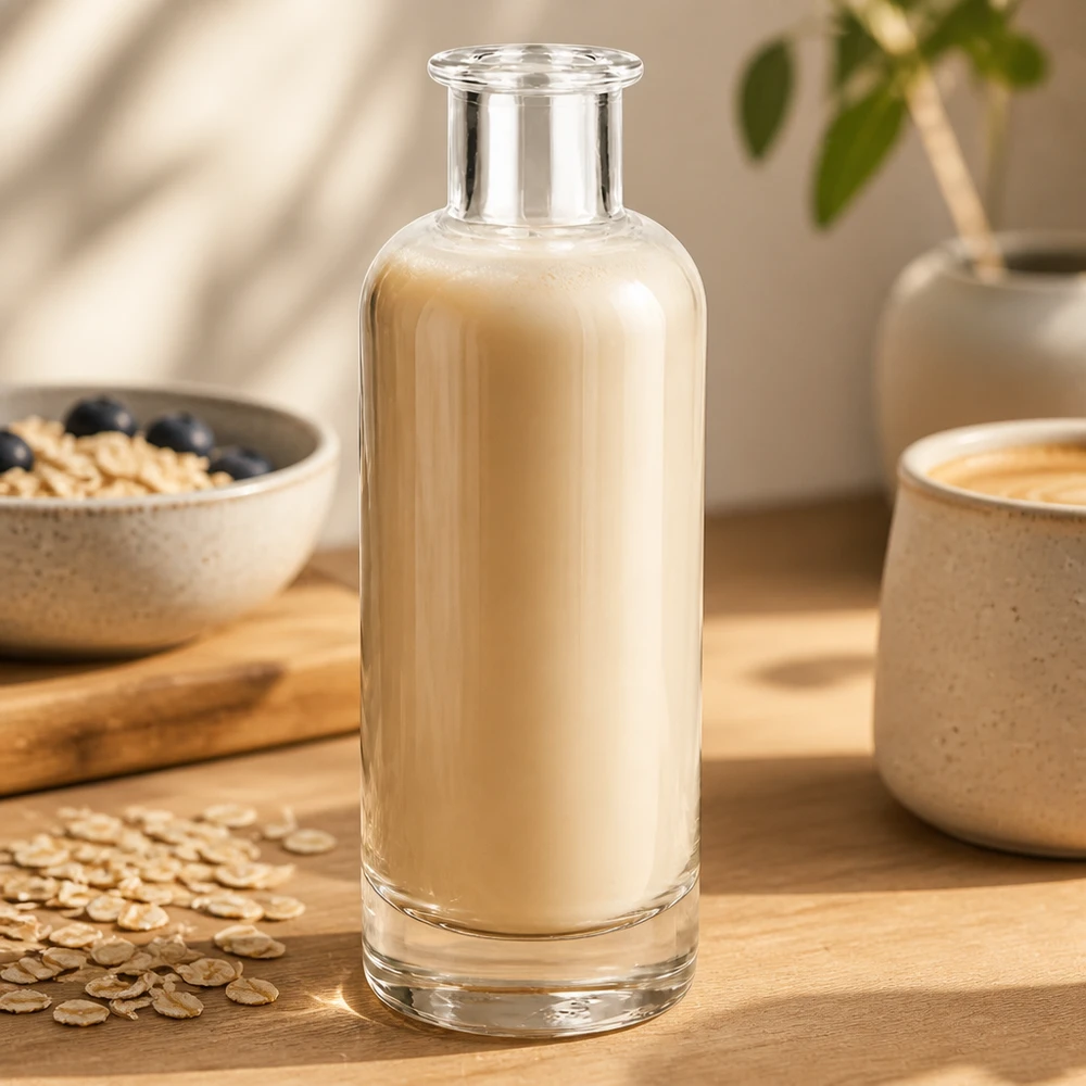 200ml Glasflasche "Ella" ohne Verschluss UNiTWIST 200 ml:n Ella-lasipullo täynnä kauramaitoa puupöydällä kaurahiutaleiden vieressä osoittaa kasvimaidon käyttöä.