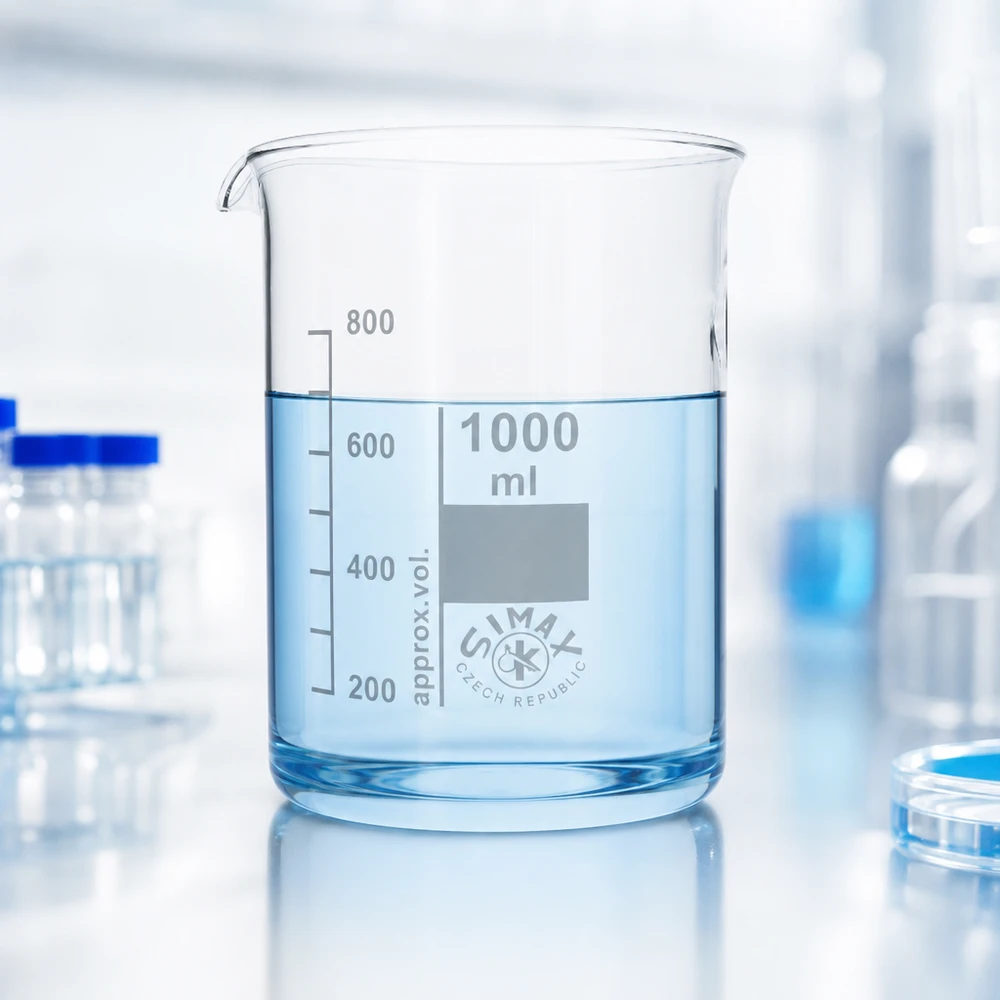 Juomalasi 1000ml borosilikaattilasi, matala muoto - Matalan muotoinen Tukevasta borosilikaattilasista valmistettu suuritilavuuksinen 1000 ml:n dekantterilasi laajoihin laboratoriokokeisiin.