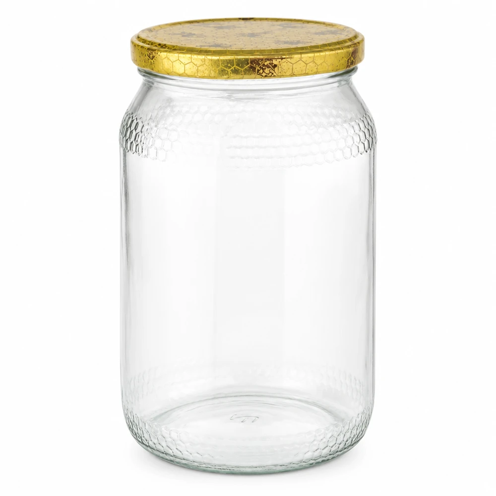 900ml hunajapurkki kultaisella BasicSeal-kannella hunajakennokuvio tyhjä mehiläishoitotarvikkeet hunajapakkaus