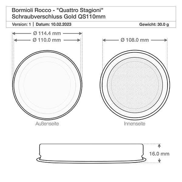 Ruuvikorkki "Quattro Stagioni" kultainen QS110mm. Tekninen piirustus Quattro Stagioni -ruuvikorkki, jonka halkaisija on 114,4 mm ja korkeus 16 mm.