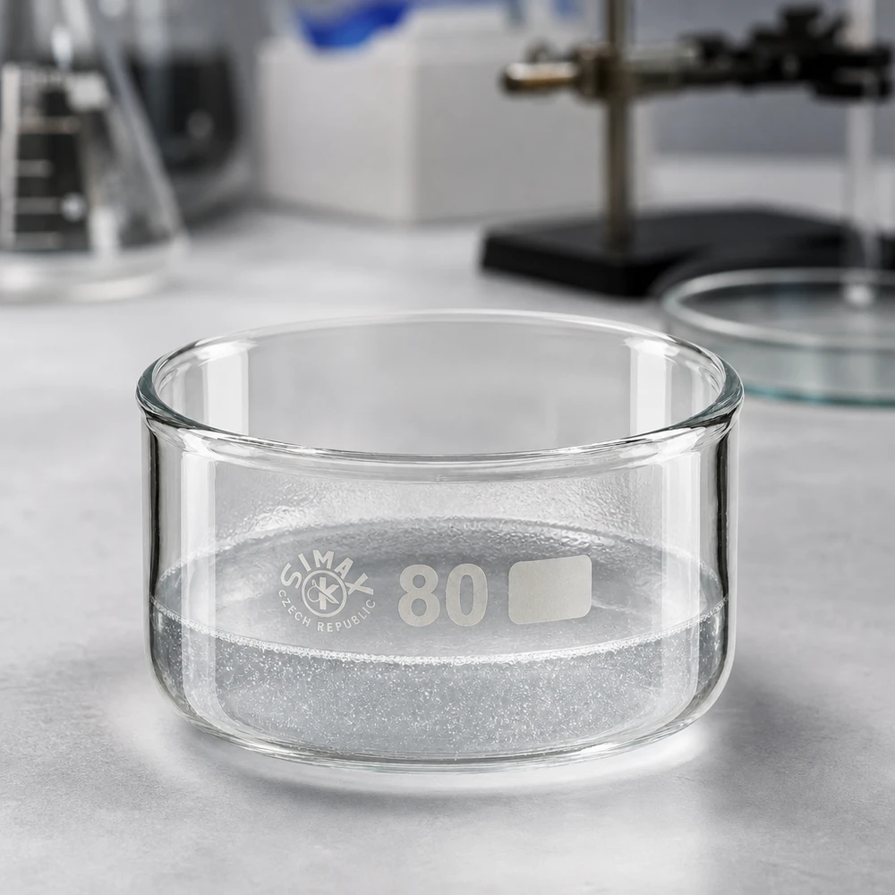 150ml kiteytysmalja ilman suihkua borosilikaatti ø80mm Tyhjä, läpinäkyvä kiteytysastia, 150 ml, borosilikaattilasia, ø80 mm, SIMAX, Tšekin tasavalta, laboratoriotarvikkeet
