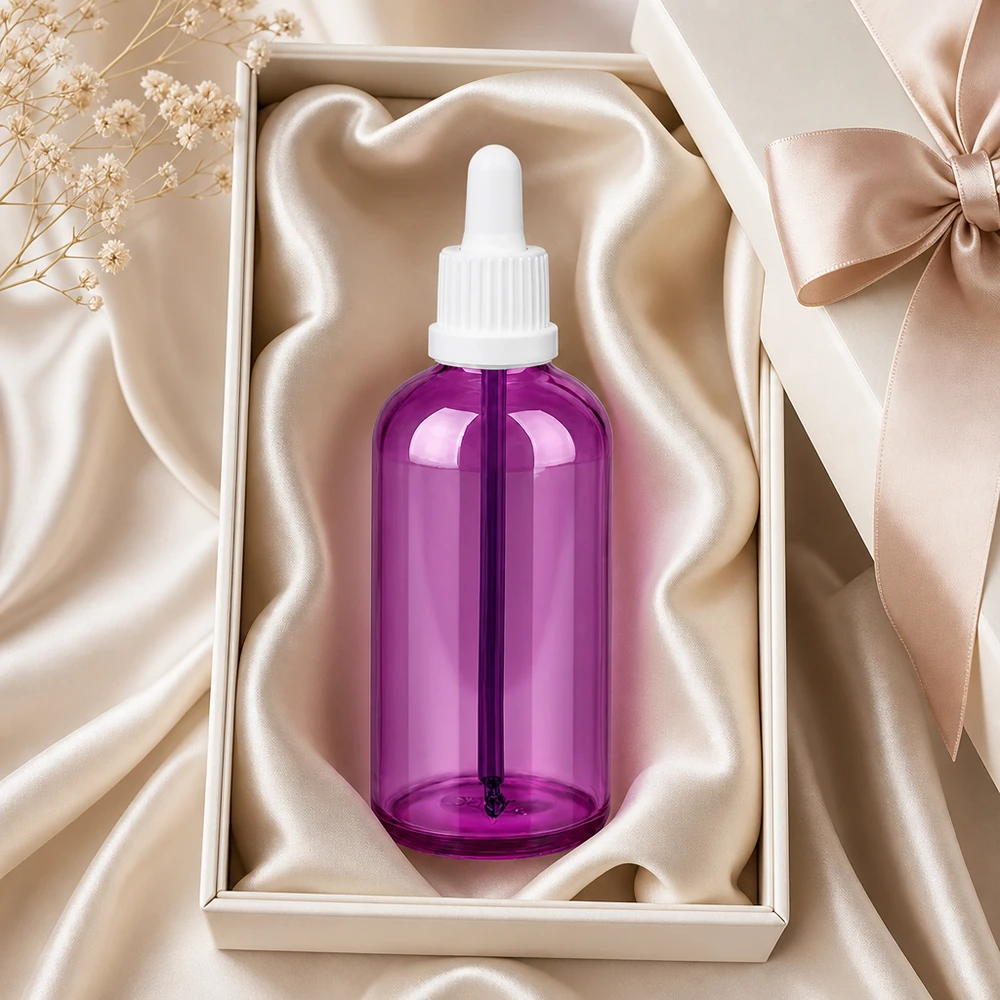 100 ml:n pipettipullo UT18/100-kierteellä tyylikkäässä violetissa muotoilussa ammattikäyttöön.