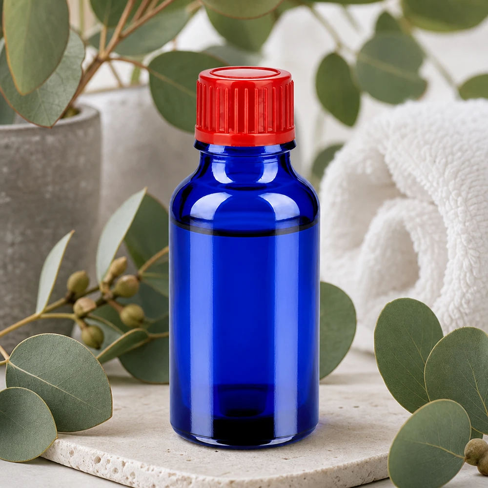 20ml pullo 11mm kierrekorkki punainen standardi BlueLine UT18/20 Laadukas 20ml lasipullo koboltinsininen, jossa punainen kierrekorkki turvallista säilytystä varten.