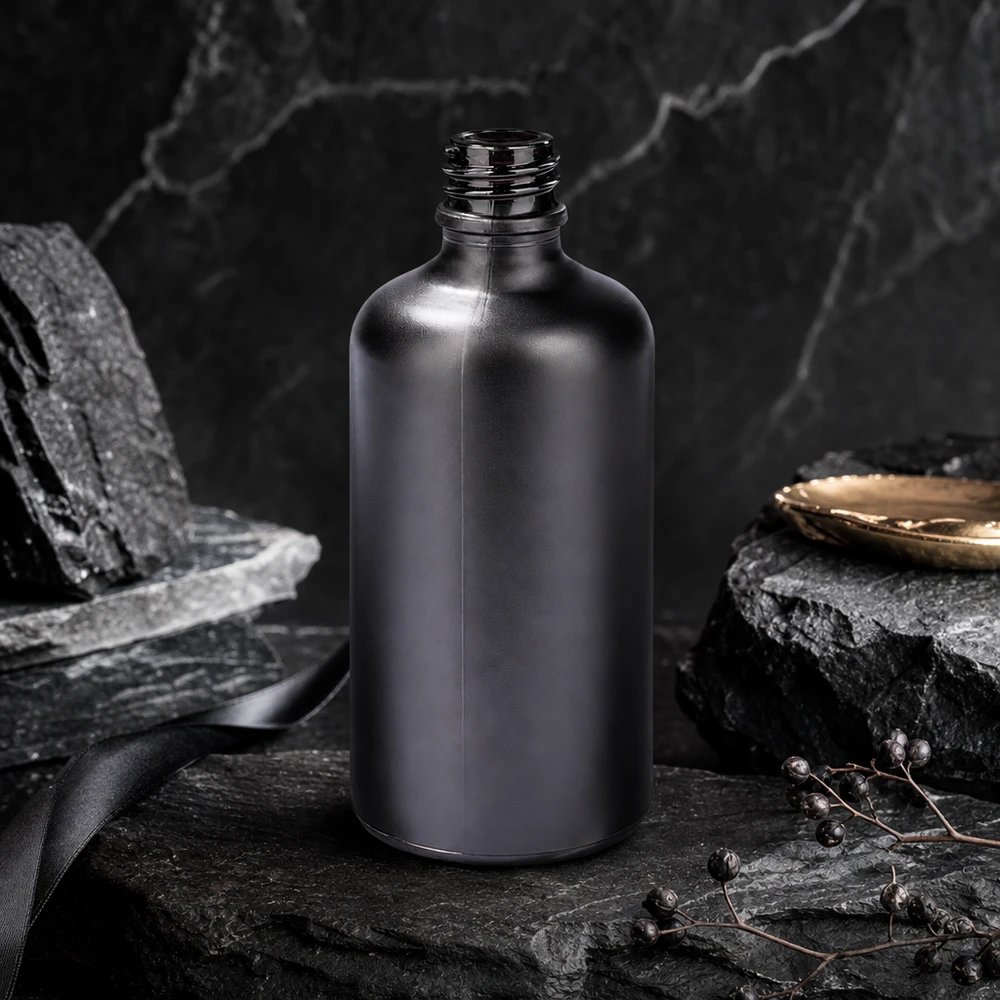 Musta 100ml apteekkipullo BlackLine UT18/100 UNiTWIST korkealaatuisesta lasista valmistettu kosmetiikkapullo BlackLine UT18/100 UNiTWIST kosmetiikkaan