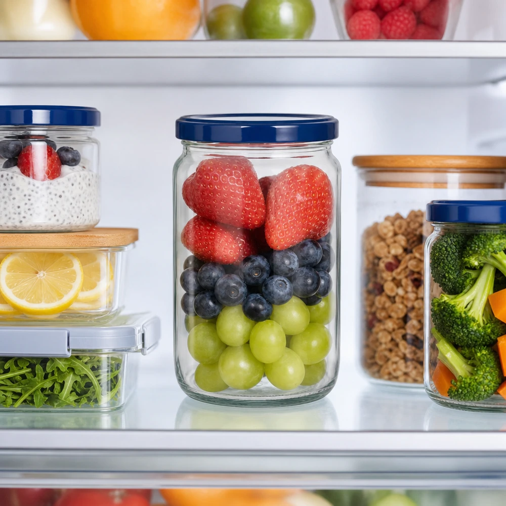 795ml pyöreä purkki + BasicSeal-kansi sininen UNiTWIST 795ml Rundglas mit blauem UNiTWIST Deckel zur Frischhaltung von Beeren und Obst im Kühlschrank organisiert