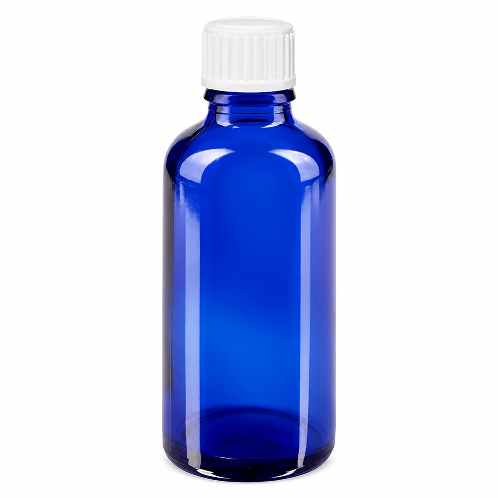 Apteekkipullo sininen 50ml kierrekorkki valkoinen Globuli Standard. 50 ml:n sininen lasipullo, jossa on valkoinen korkki, valmistettu apteekkilasista farmaseuttisiin käyttötarkoituksiin